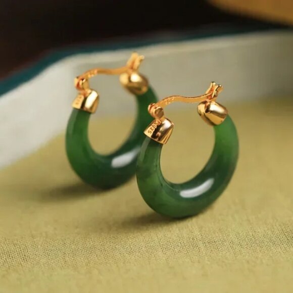 14K Gold Womens Small Green Jade Gemstone Hoop Earrings New 14 K Silver Jewelry